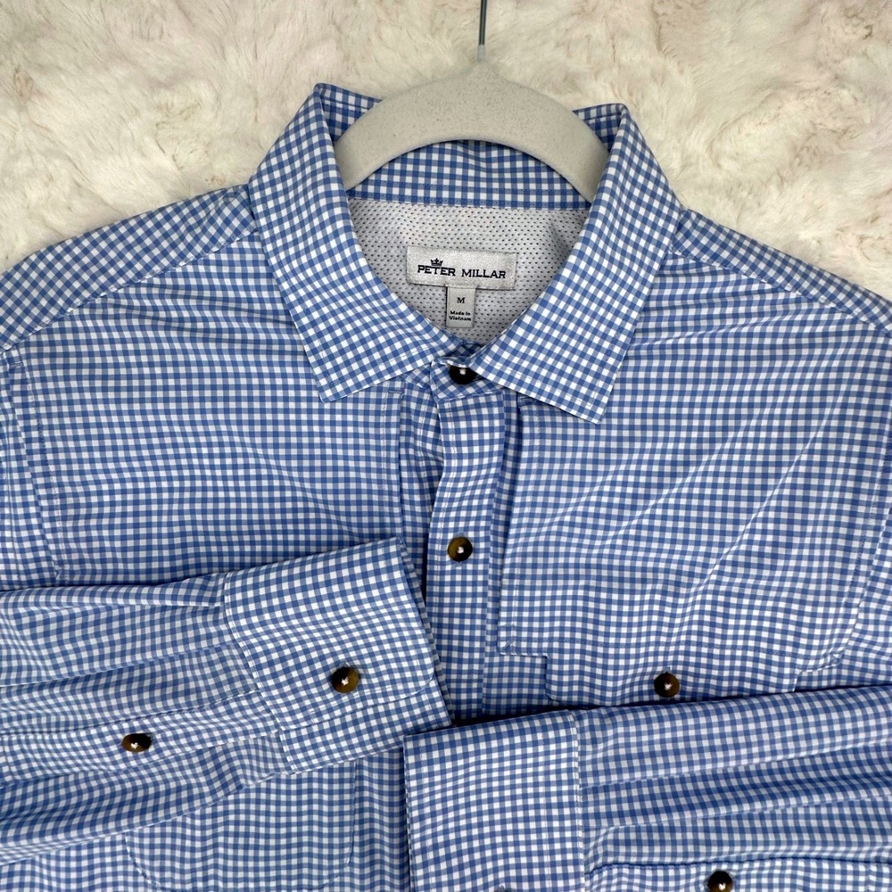 Peter Millar Blue Gingham Performance Stretch Button Down Shirt MS19W70VL2 M